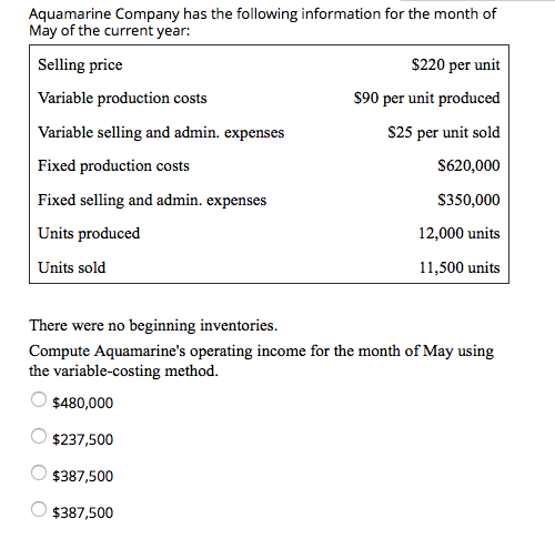 Solved Aquamarine Company has the following information for | Chegg.com