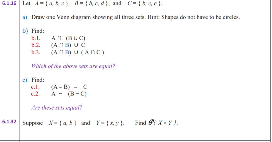 Solved 6.1.16 | Let A={a,b,c), B={b, C, D), And C= { B, C, E | Chegg.com