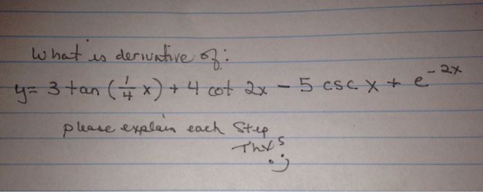 Solved What is derivative of y =3 tan (1/4 x) + 4 cot 2x - | Chegg.com