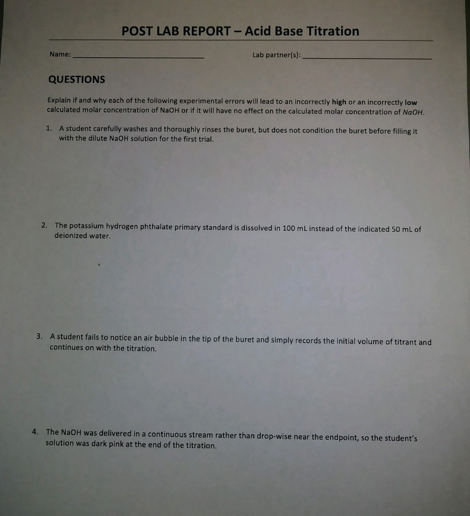 Solved POST LAB REPORT- Acid Base Titration Name: Lab | Chegg.com