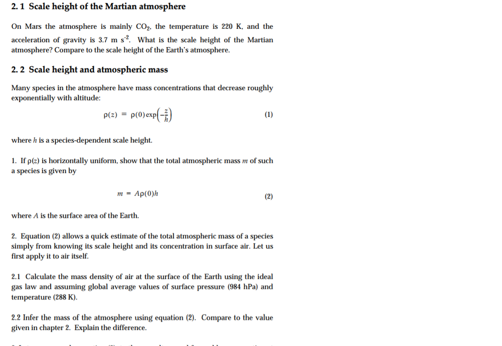 Solved 2.1 Scale height of the Martian atmosphere On Mars