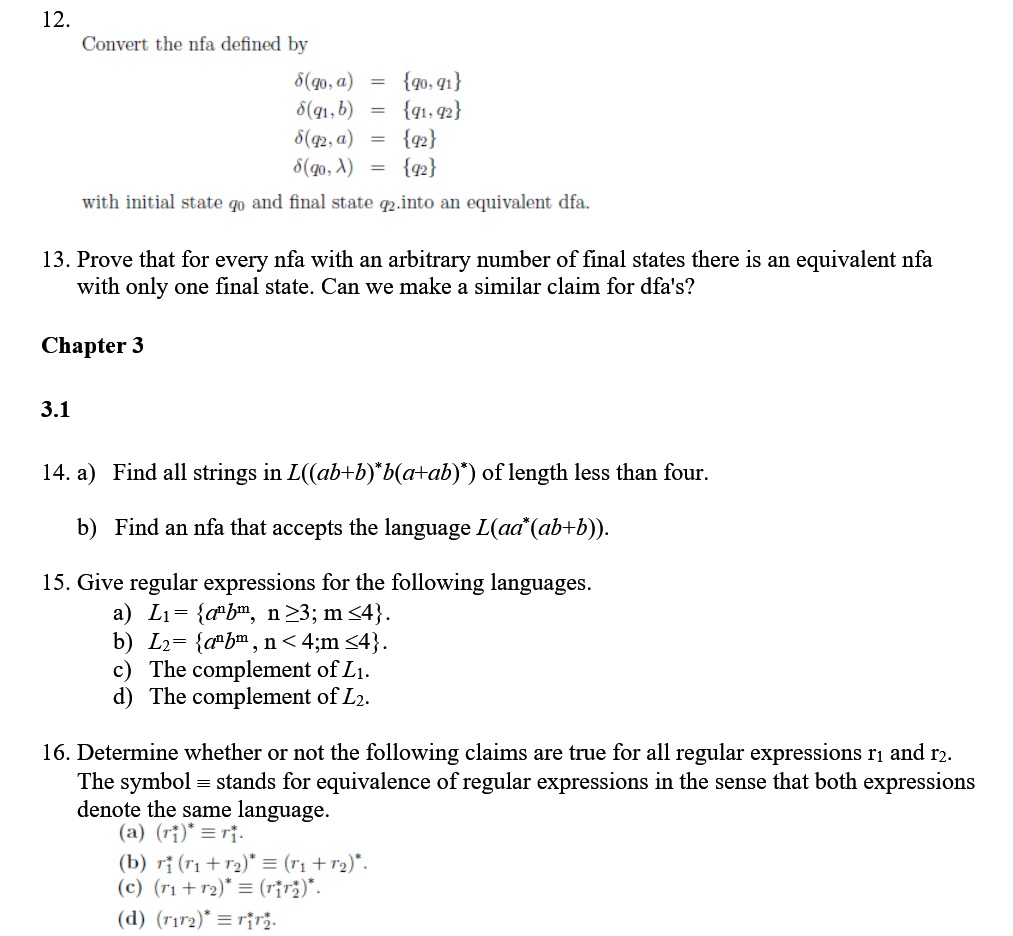 Solved Convert The Nfa Defined By Delta (q_0, A) = {q_0, | Chegg.com