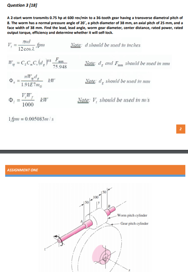 Solved Question 3 [181 A 2start worm transmits 0.75 hp at