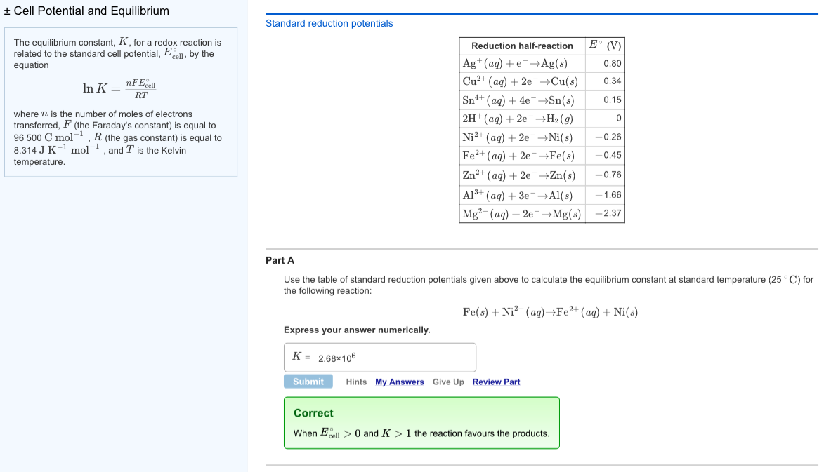 Solved Cell Potential and Equilibrium Standard reduction