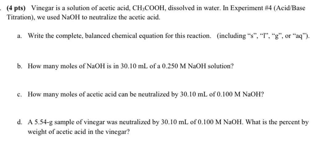 Solved Vinegar is a solution of acetic acid, CH_3COOH, | Chegg.com