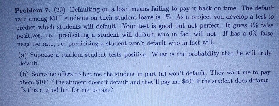 Solved Problem 7. (20) Defaulting On A Loan Means Failing To | Chegg.com