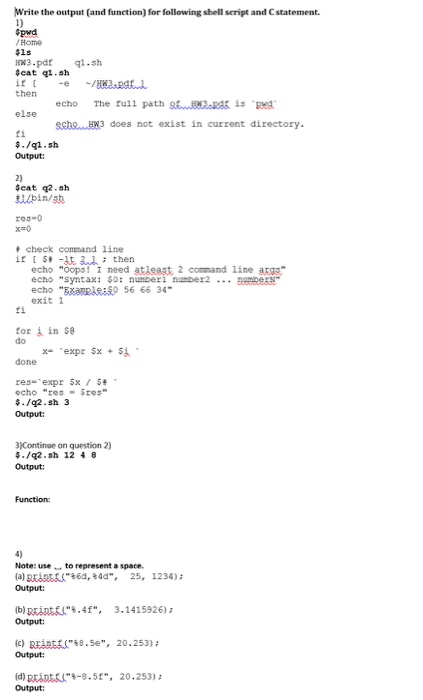 Solved Write the output (and function) for following shell | Chegg.com