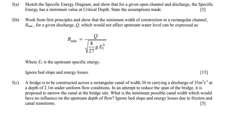 Solved 5(a) Sketch the Specific Energy Diagram, and show | Chegg.com