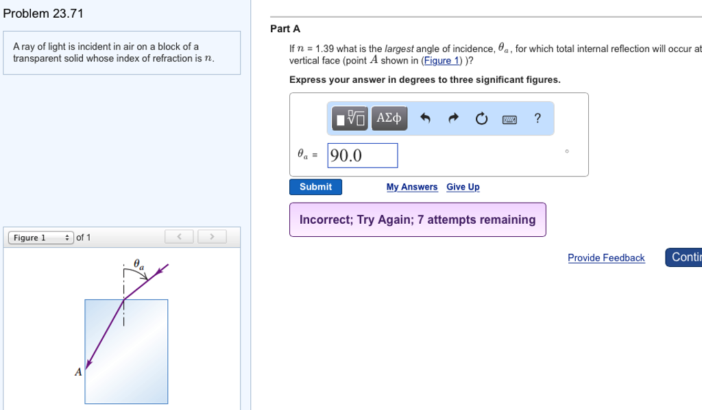 Solved Problem 23.71 Part A A ray of light is incident in | Chegg.com