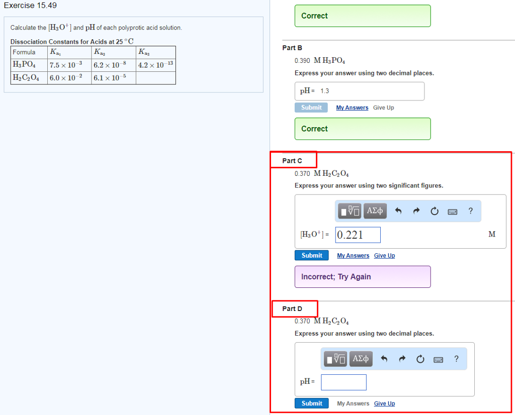 Solved Exercise 15.49 Correct Calculate The H3O ] And PH Of | Chegg.com