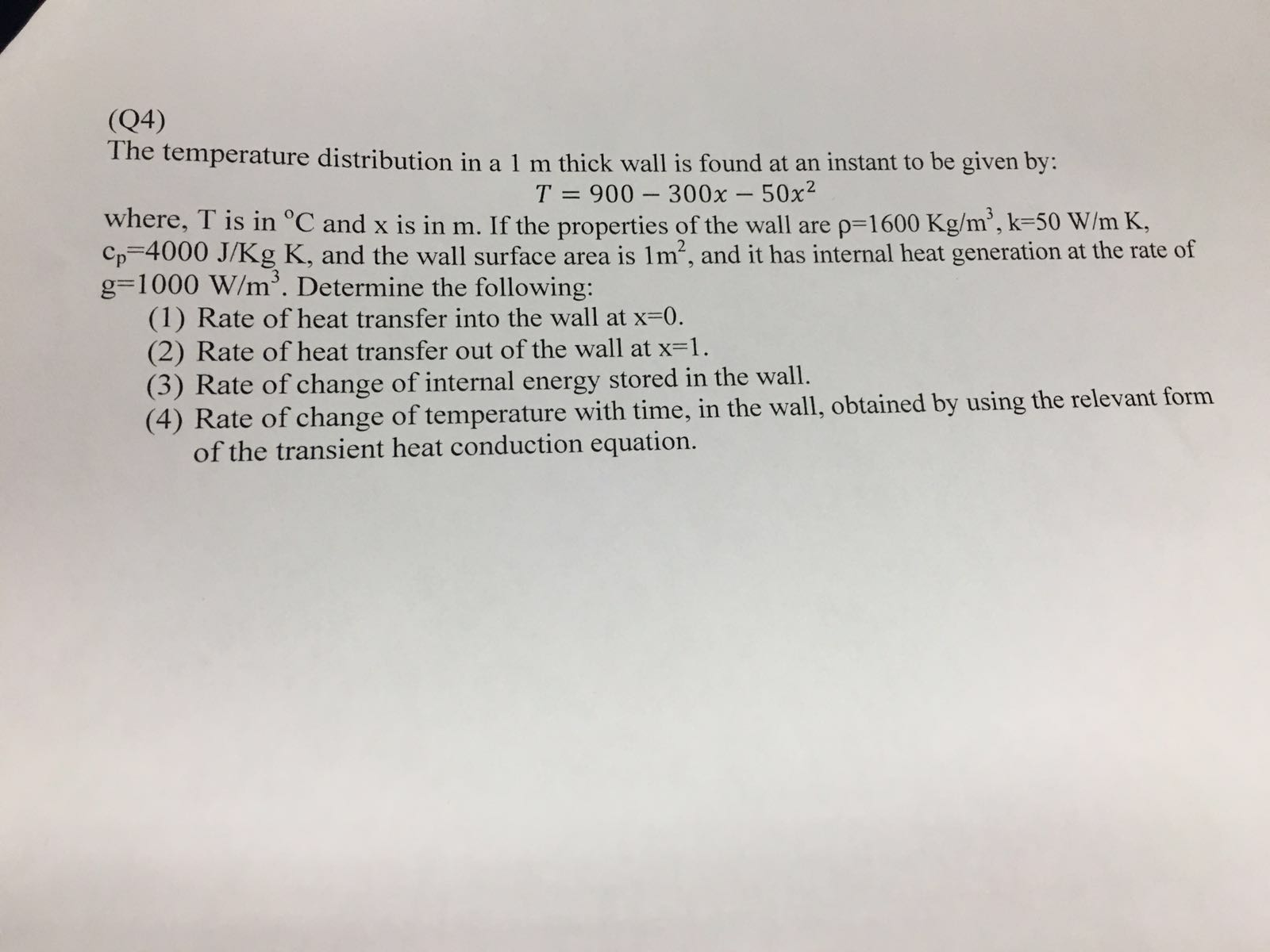 Solved The temperature distribution in a 1 m thick wall is | Chegg.com