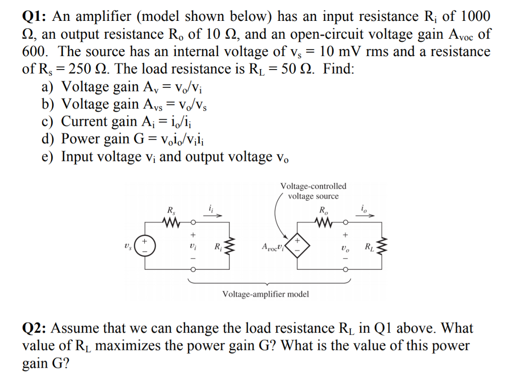 Solved Q1: An Amplifier (model Shown Below) Has An Input | Chegg.com