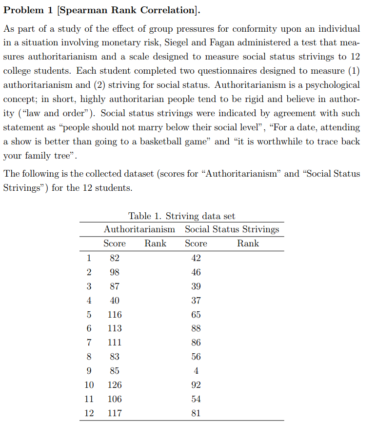 Problem 1 Spearman Rank Correlation]. As part of a | Chegg.com