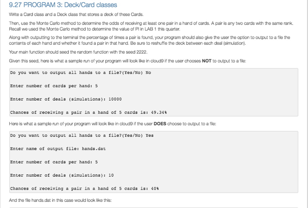 Solved 9.27 PROGRAM 3: Deck/Card classes Write a Card class | Chegg.com