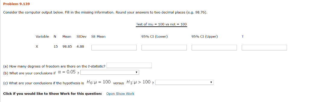 Solved Problem 9.139 Consider the computer output below. | Chegg.com