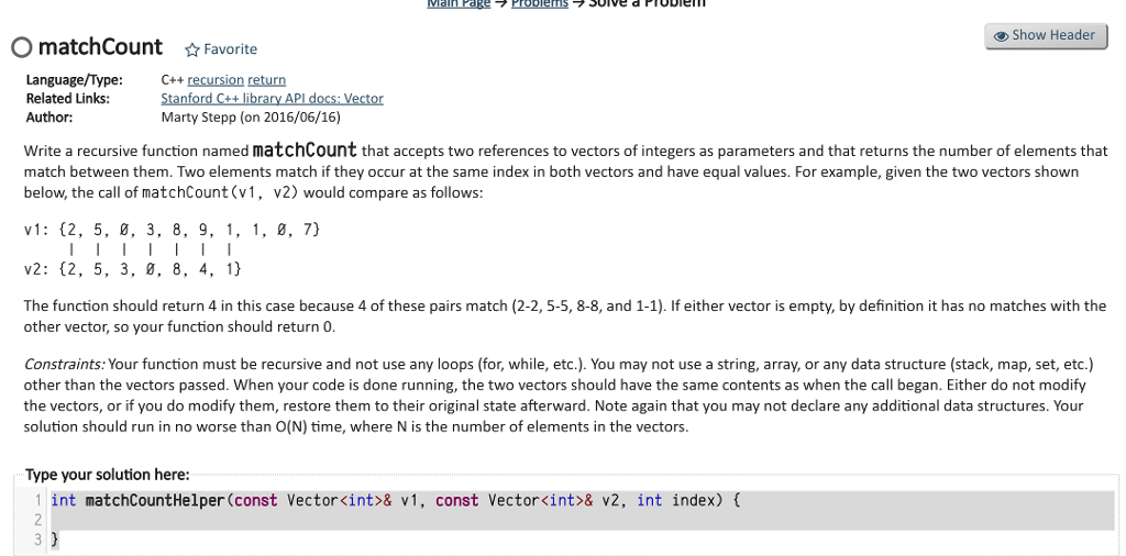 Solved Show Header O matchCount Favorite Language/Type C++ | Chegg.com