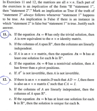 Solved a. If the equation Ax 0 has only the trivial Chegg