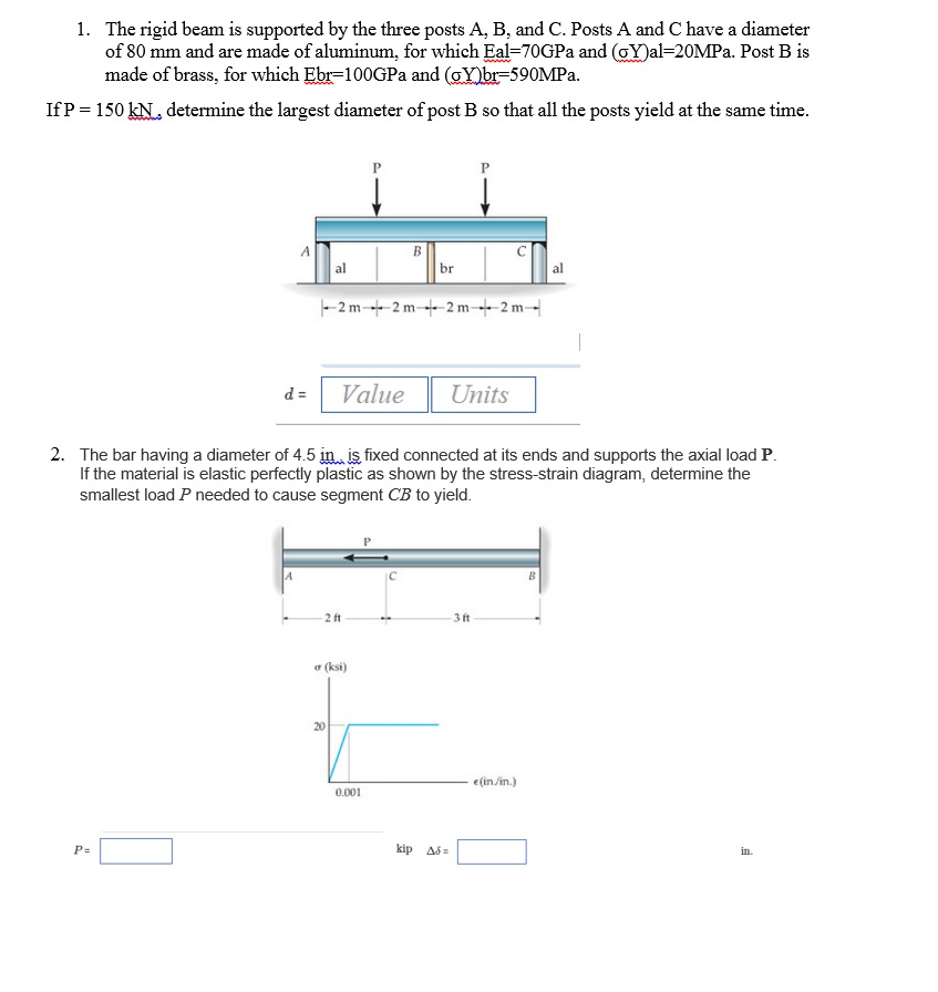 Solved 1. The Rigid Beam Is Supported By The Three Posts A, | Chegg.com