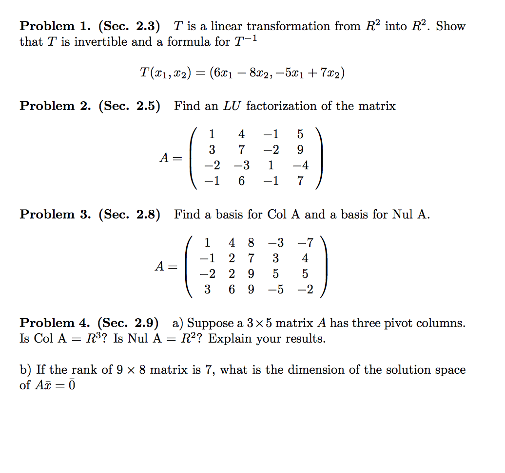Solved Problem 1· (Sec. 2.3) T is a linear transformation | Chegg.com