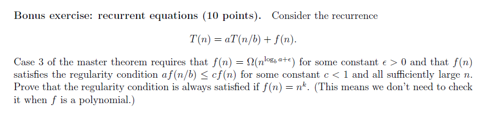 Bonus exercise: recurrent equations (10 points). | Chegg.com