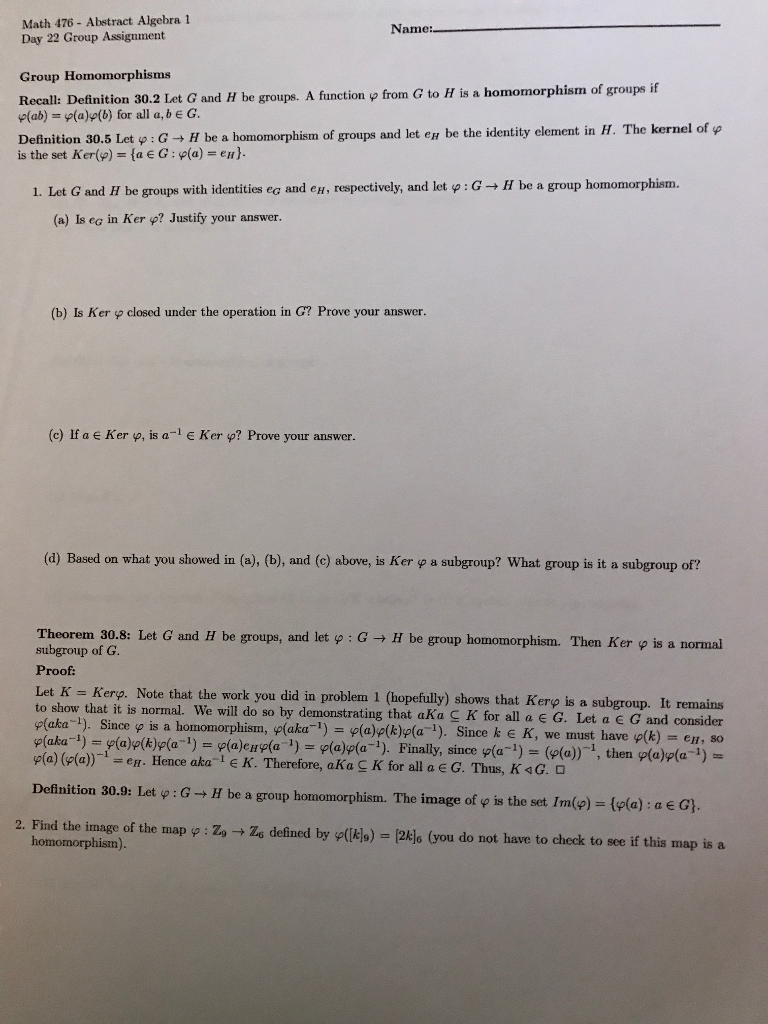 Solved Math 476- Abstract Algebra 1 Day 22 Group Assignment | Chegg.com