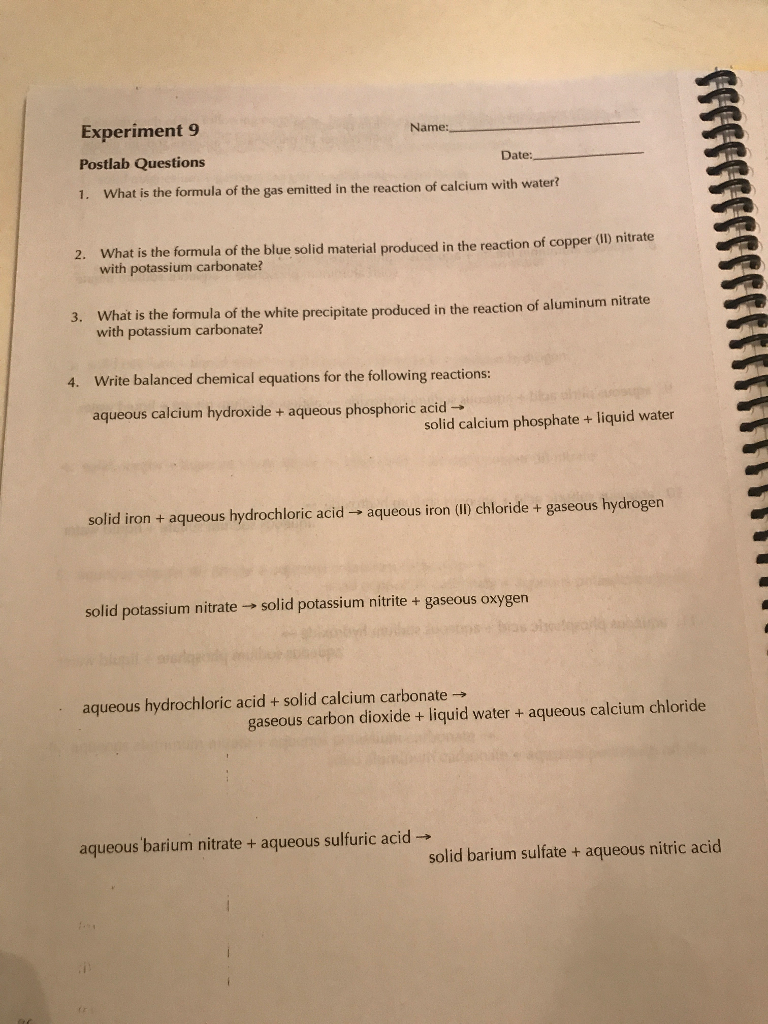 Solved Experiment 9 Prelab Questions Name Date: Their Use In | Chegg.com