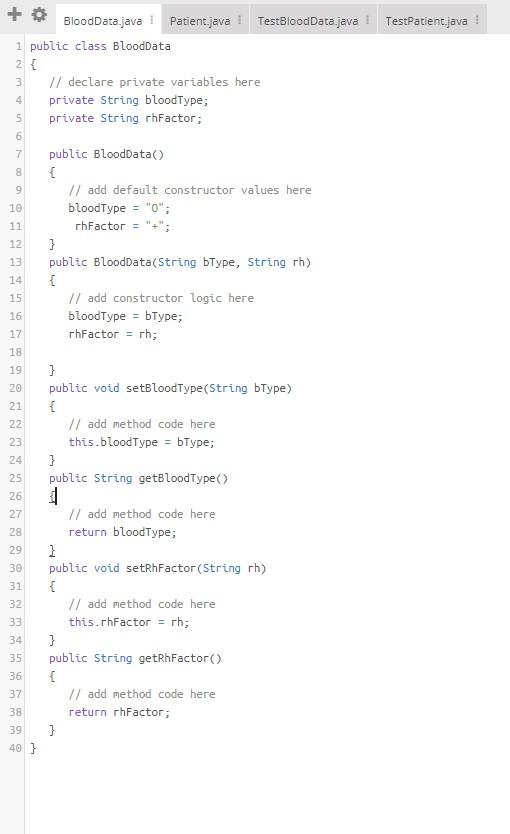 Solved Open the file BloodData.java that includes fields | Chegg.com