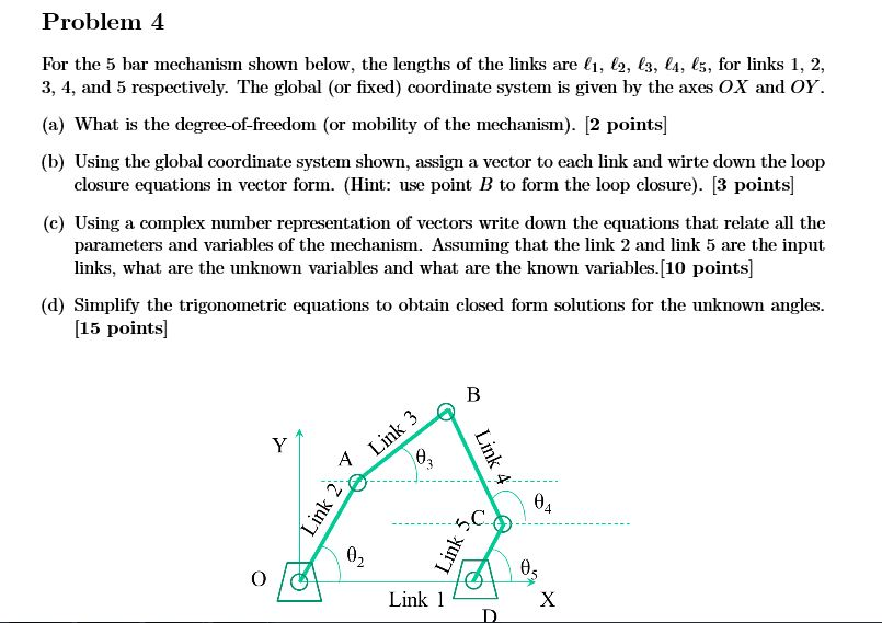 Solved For the 5 bar mechanism shown below, the lengths of | Chegg.com