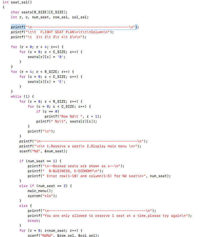 int seat sel) char seats[R_SIZE][C SIZE]; int r, c, | Chegg.com