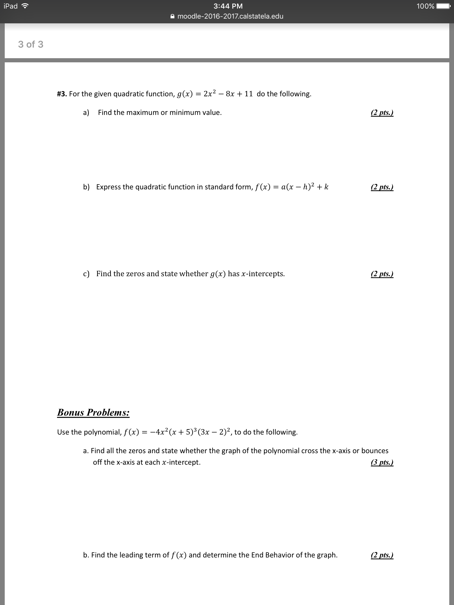 Solved For the given quadratic function, g(x) = 2x^2 8x +