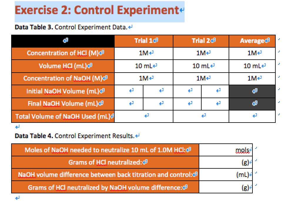 Solved Exercise 2 Control Experiment Data Table 3 Control