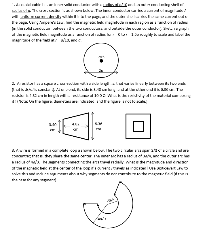 Solved 1. A coaxial cable has an inner solid conductor with | Chegg.com