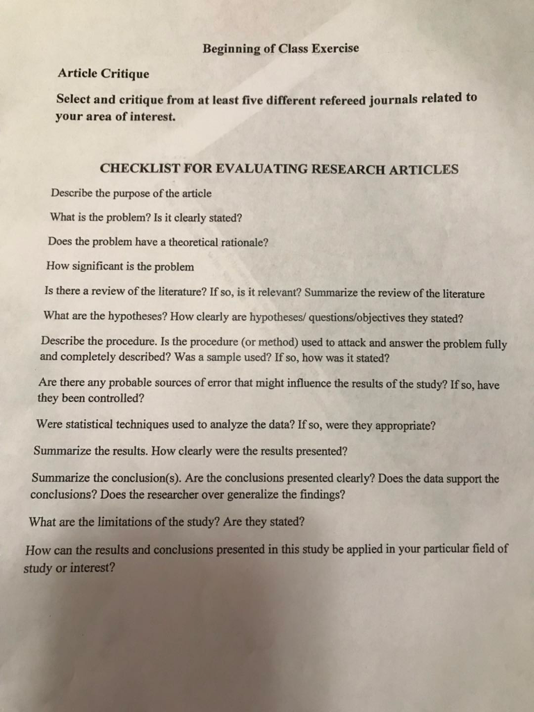 Solved Article Critique Identify A Peerreviewed Article  Chegg.com