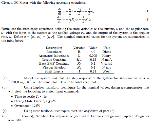 Solved Given a DC Motor with the following governing | Chegg.com