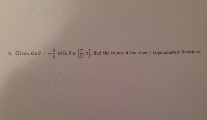 Solved Given sin theta = -4/5 with theta element of [pi/2, | Chegg.com