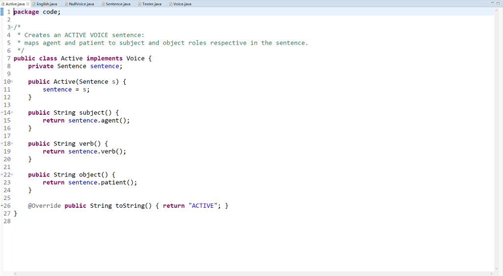 Solved Tester.java 1 package code; 4 Creates an ACTIVE VOICE | Chegg.com