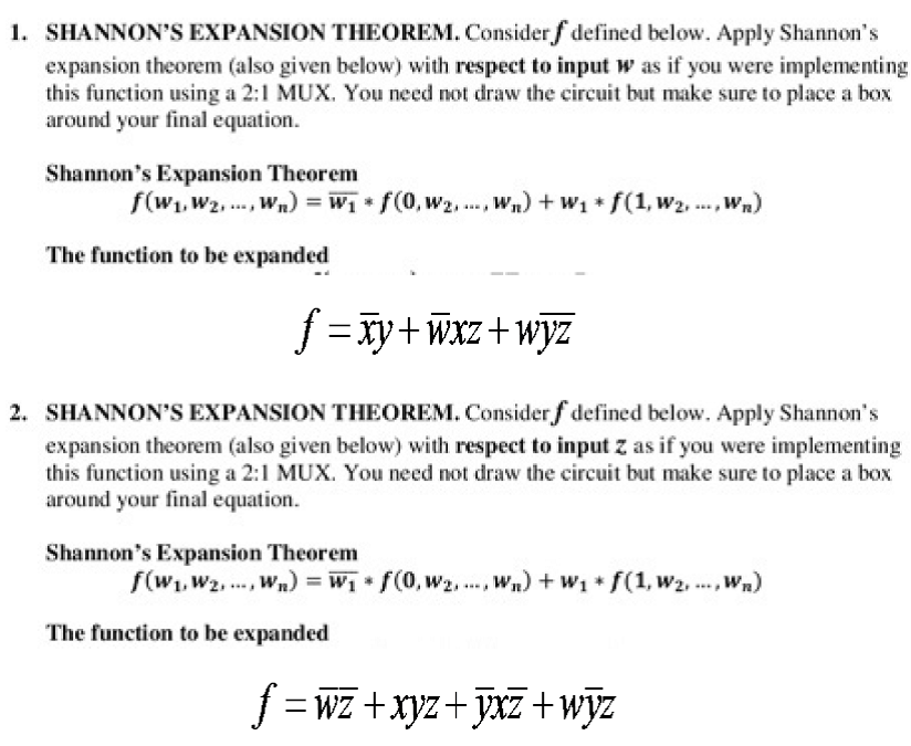 Solved SHANNON'S EXPANSION THEOREM. Consider/defined below.