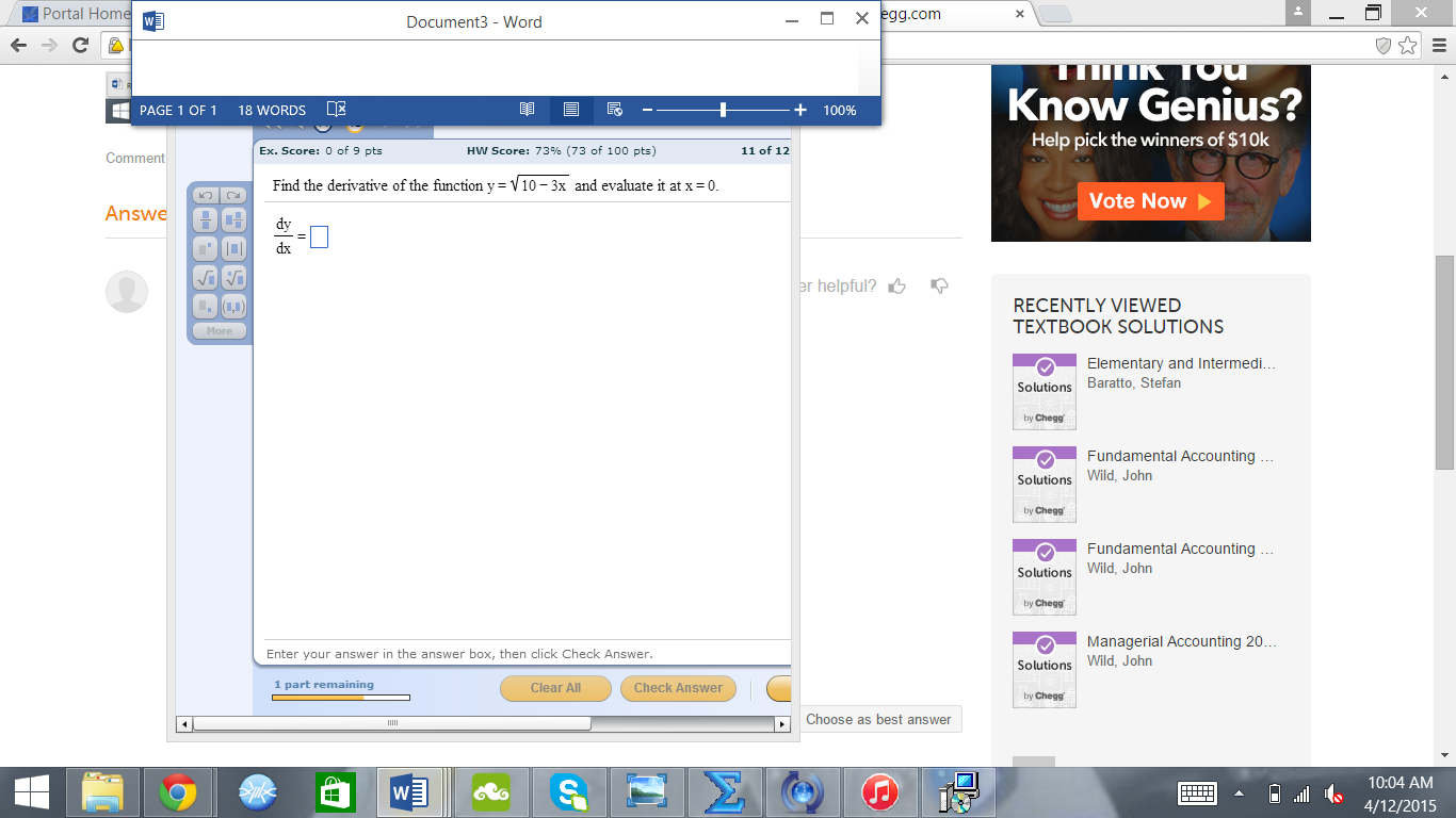Solved Find the derivative of the function y = root 10 - 3x | Chegg.com