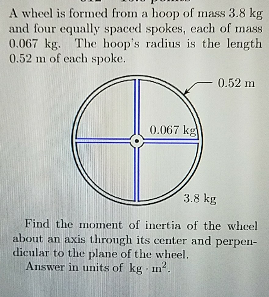 Solved A Wheel Is Formed From A Hoop Of Mass 3.8 Kg And Four | Chegg.com