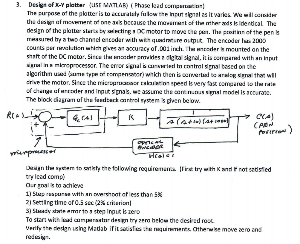 Solved Design of X-Y plotter (USE MATLAB) (Phase lead | Chegg.com