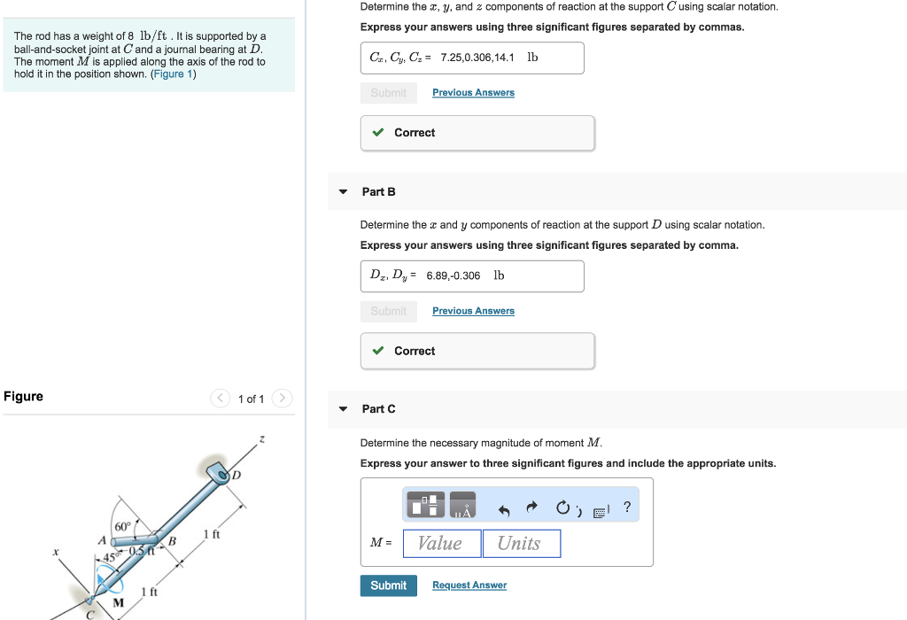 Solved Determine the c, y, and 2 components of reaction at | Chegg.com