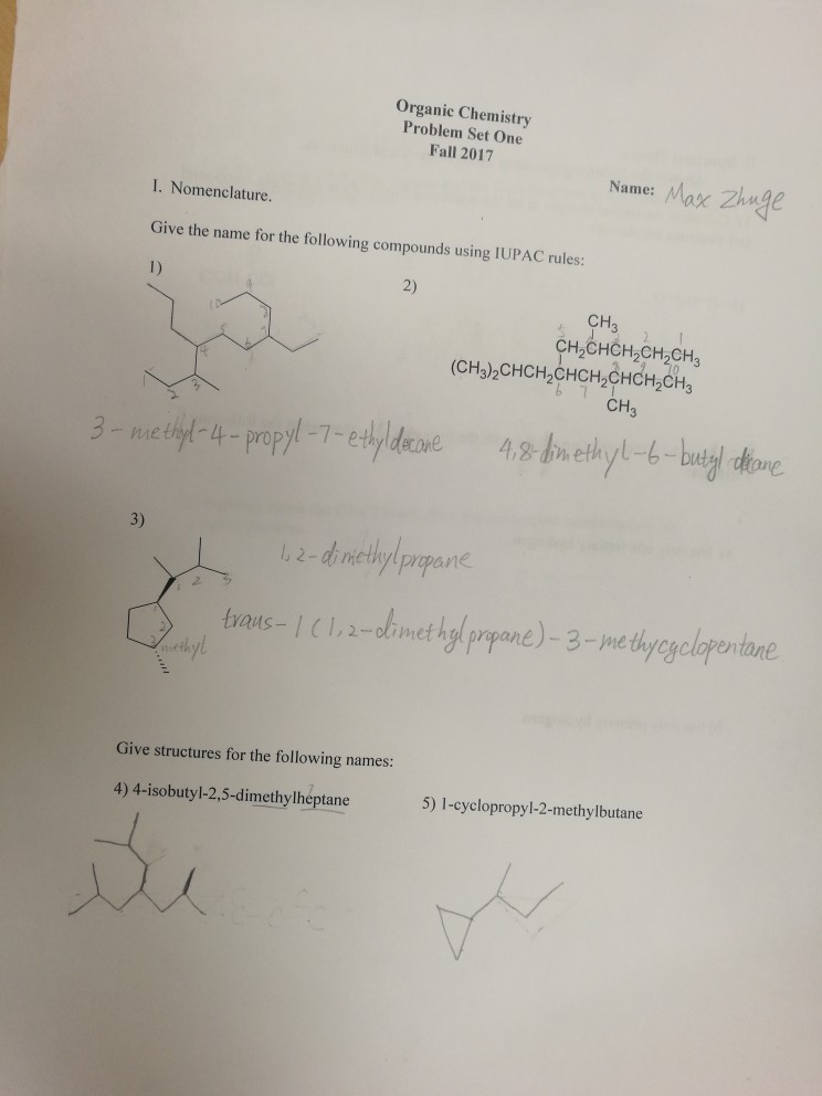 Solved Organic Chemistry Problem Set One Fall 2017 Name Max