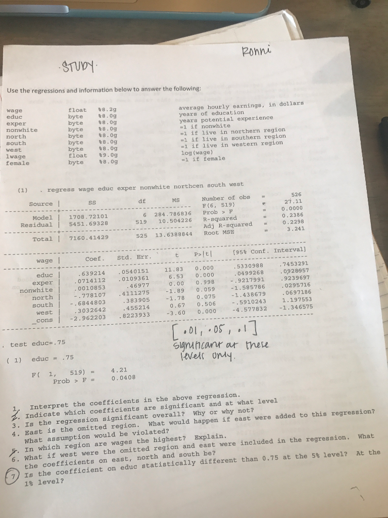 STUDY Use the regressions and information below to | Chegg.com