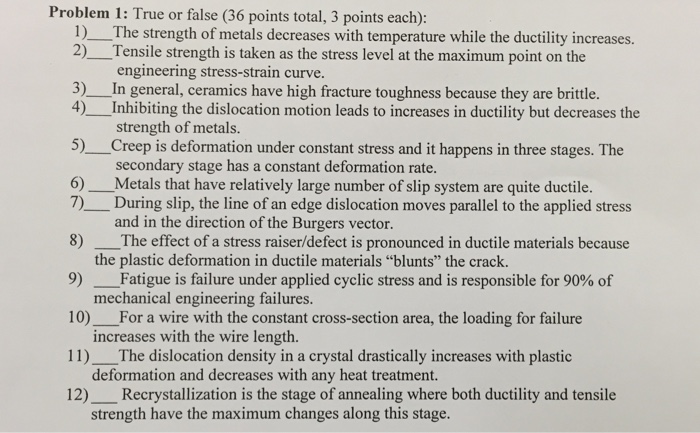 Solved Problem 1: True or false (36 points total, 3 points | Chegg.com
