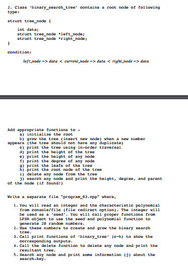 Class 'binary_search_tree' contains a root node of | Chegg.com