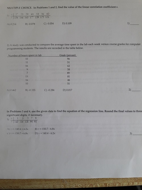 Solved Find the value of the linear correlation coefficient | Chegg.com