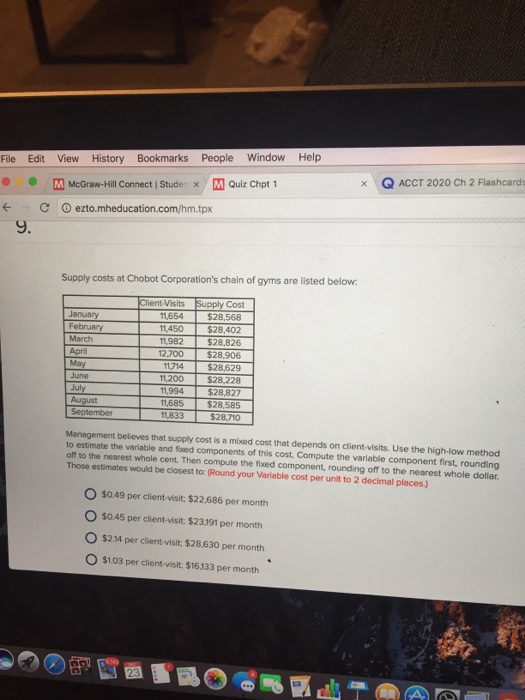 Solved Supply costs Chobot Corporation's of gyms are listed