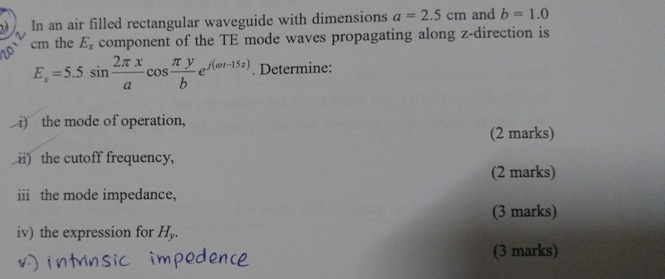 Solved an air filled rectangular waveguide with dimensions a | Chegg.com