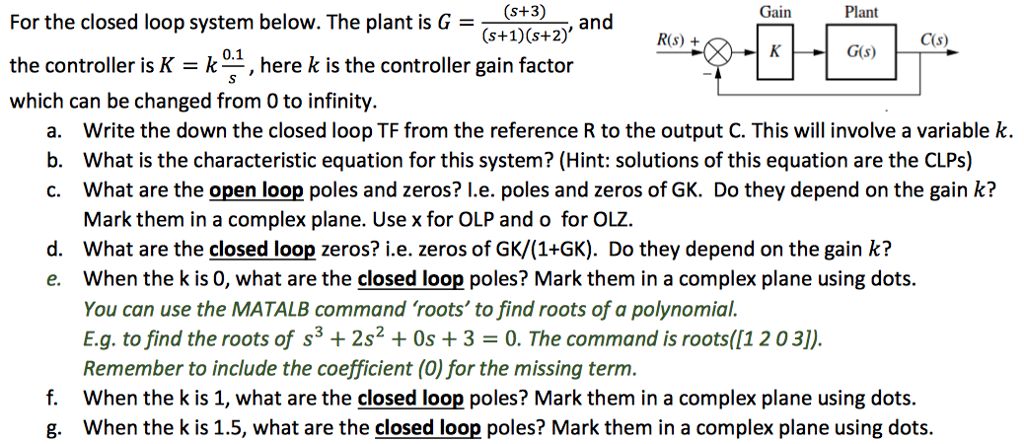 Solved For the closed loop system below. The plant is G = (s | Chegg.com