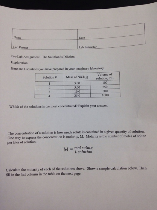Solved Prelab Assignment The Solution is Dilution